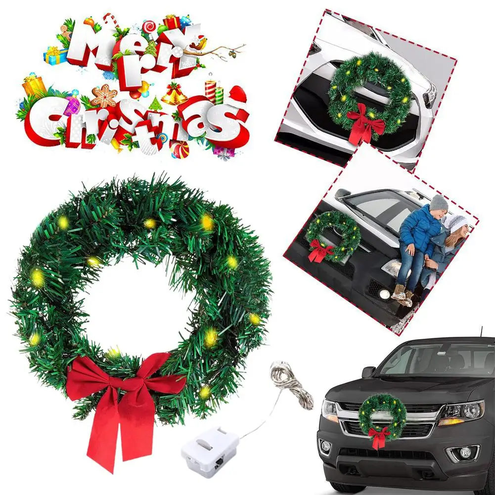 Christmas Car Flower Wreath With Light Flower Wreath Tree Festival Decoration Christmas Car Wreath Pendant Dector 28cm Pvc Q8z2