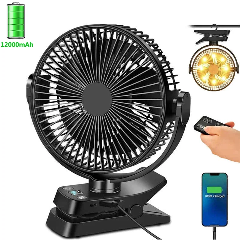 

8 Inch Remote Clip Fan with 12000mAh Battery 5-Speed Portable Desk Fan USB Rechargeable Strong Wind for Golf Cart Gym Outdoor
