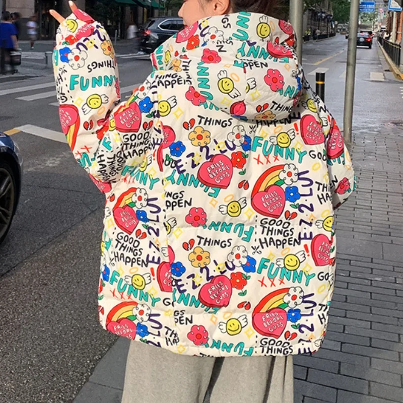 Winter Graffiti Down Padded Jacket Female Korean Version Loose Boyfriend Hooded Cotton-padded Jacket Bread Clothes Fashion Funny