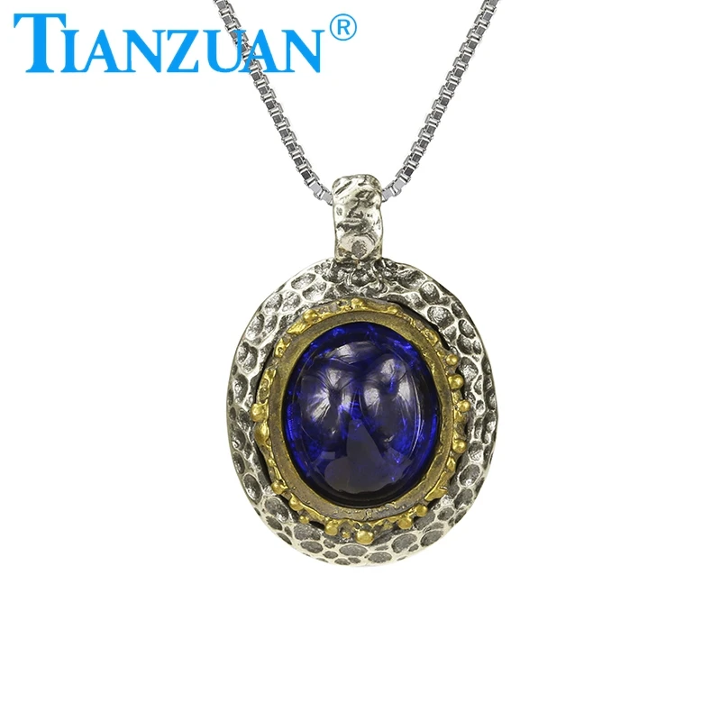 

New Fashion Necklace S925 Silver Vintage Thai Silver 10x12mm Synthetic Blue Spinel Luxury Pendants Jewelry