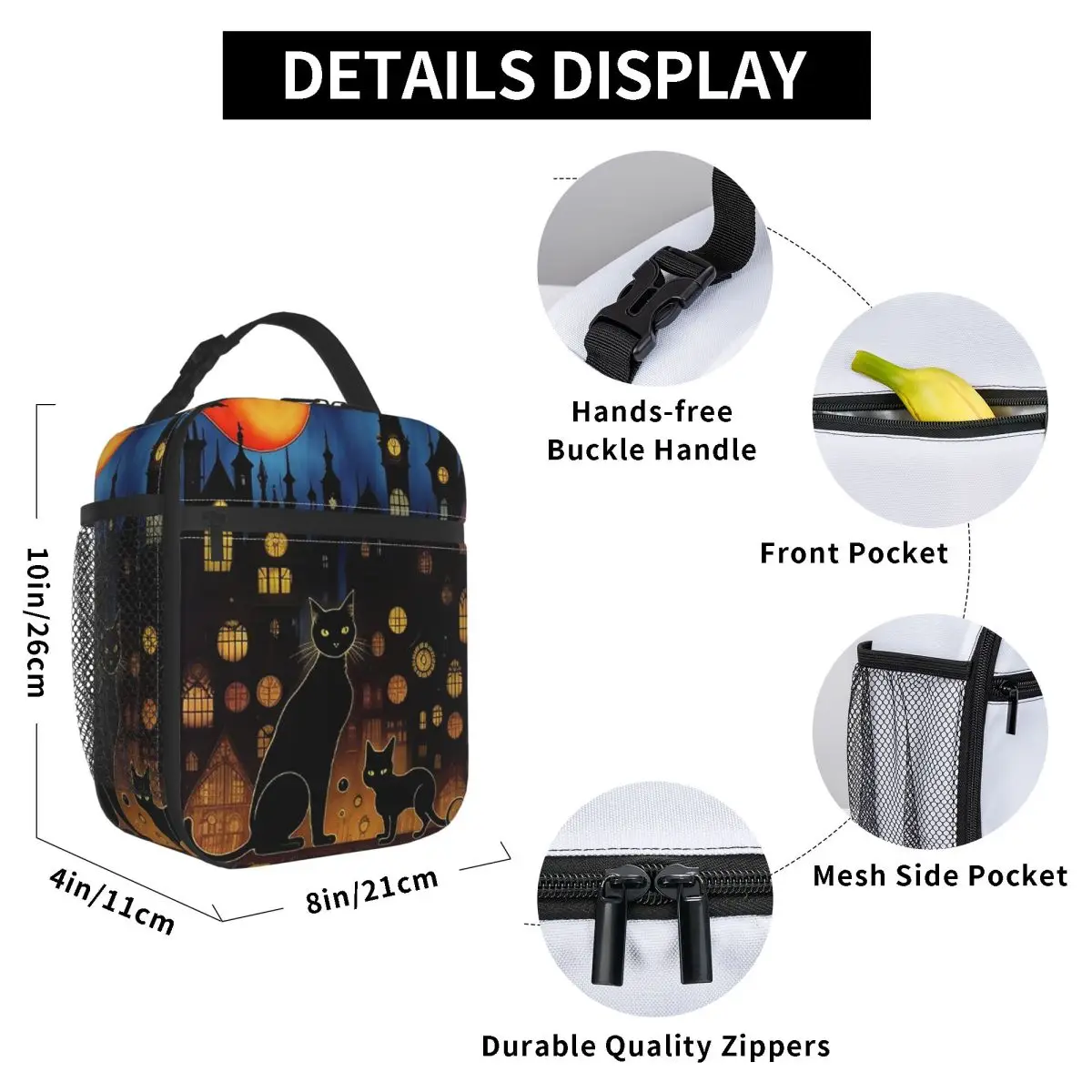 Black Cat And European Street Scene Insulated Lunch Bag for Office Cooler Thermal Food Box Tote Portable Lunch Boxes Container
