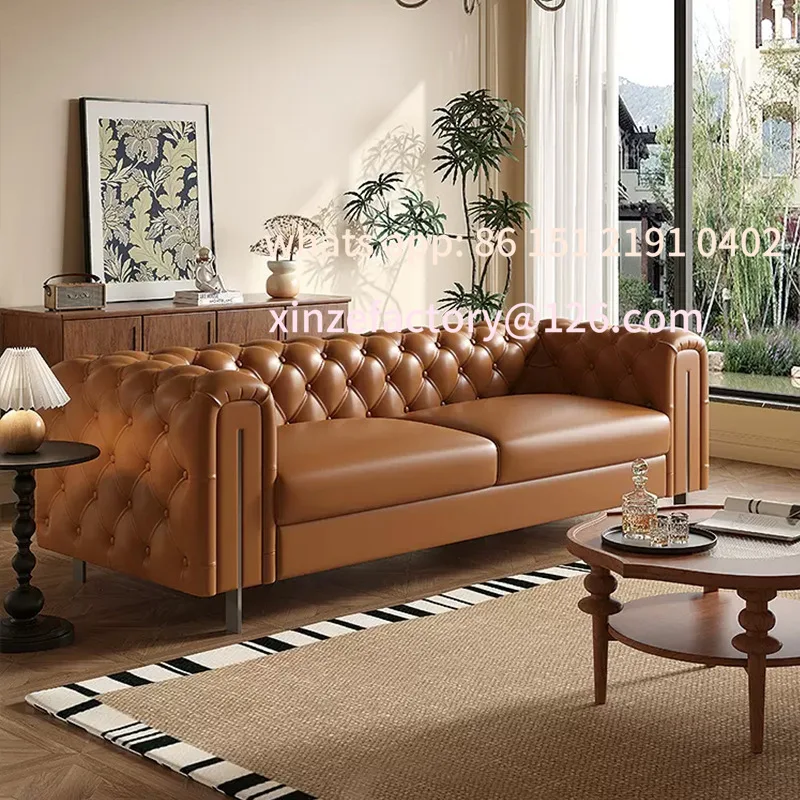 

Customizable Living Room Caramel Top Layer Oil Wax Leather Sofa Inline Row Mid-Century Cream Style Classic Pull Button Sofa