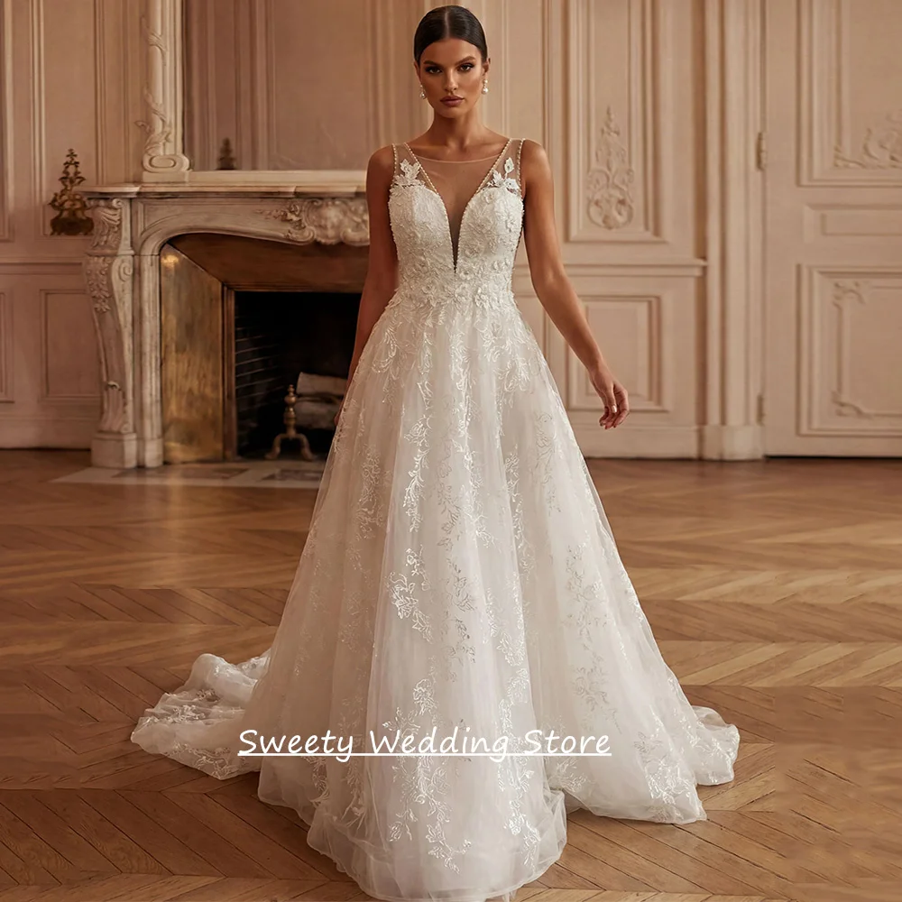 

Charming Wedding Dress Robe De Mariee Customized Sleeveless Deep V Neck Beading Lace Sweep Train Bridal Gown for Bride
