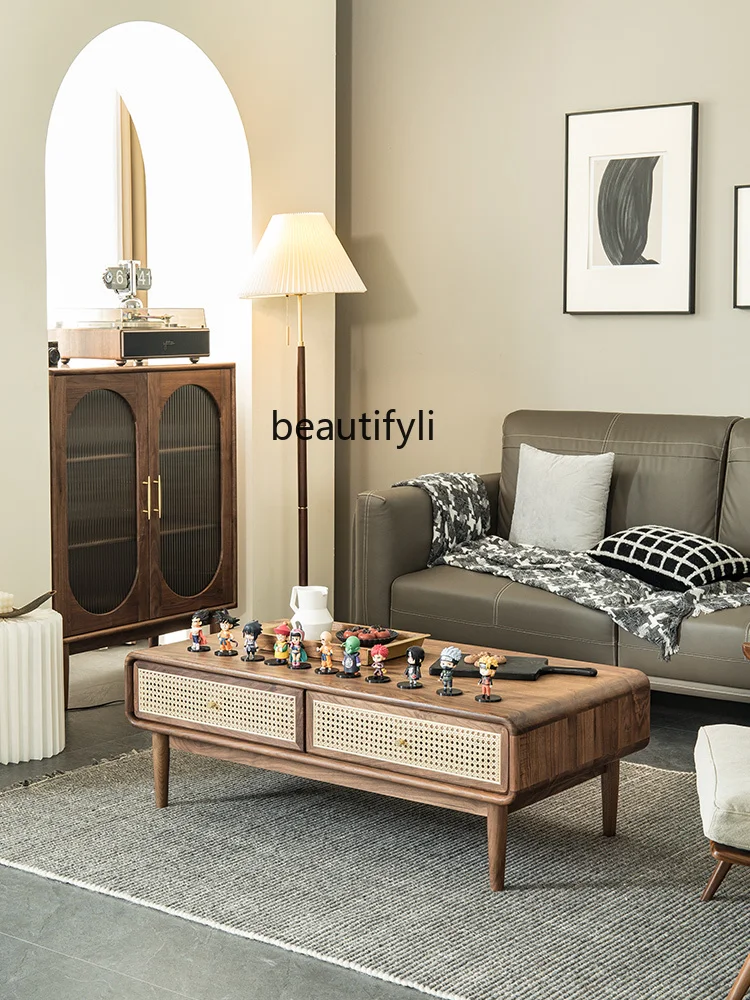 Nordic Solid Wood Coffee Table Black Walnut Personalized Rattan Small Apartment Simple Modern Sofa Tea Table Home