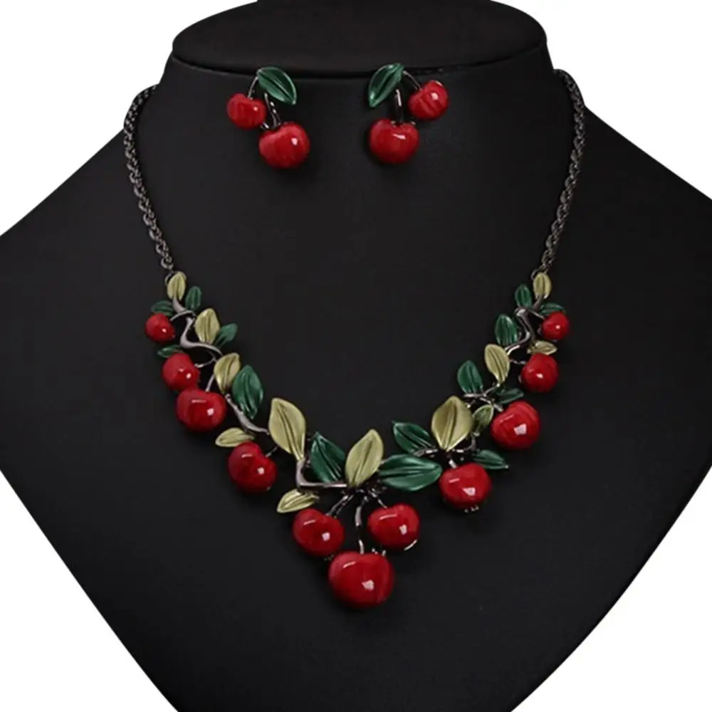 1 Set Jewelry Set for Women Vintage Red Cherry Fruit Jewelry Set Chic Bridal Necklace Earrings Gift Bridal Decoration Luxury