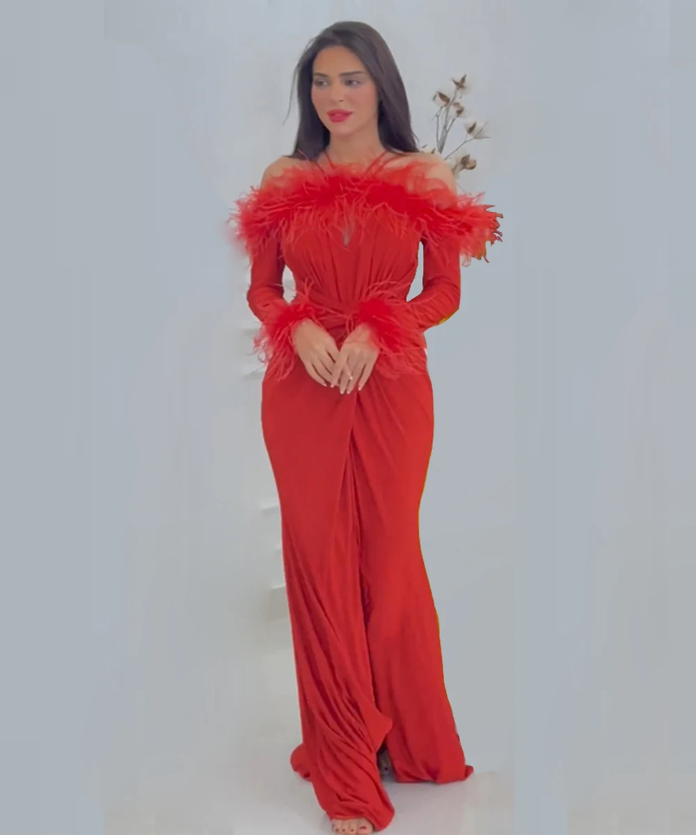 

Prom Dresses with Slit Fashion Off the Shoulder Sheath Celebrity Dresses Long Sleeve Feathers Ruched Satin Formal Evening Gowns