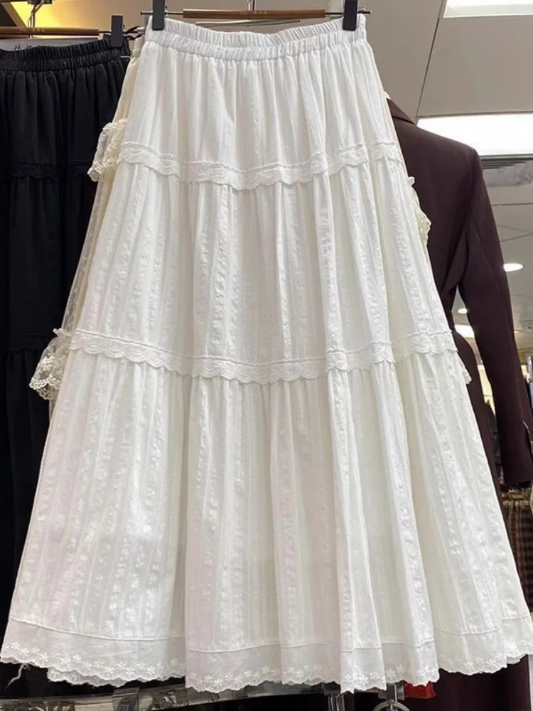 

Новая весенняя юбка А-силуэта с вышивкой и кружевными вставками, многоярусная, для женщин, повседневная, с высокой талией, длинная