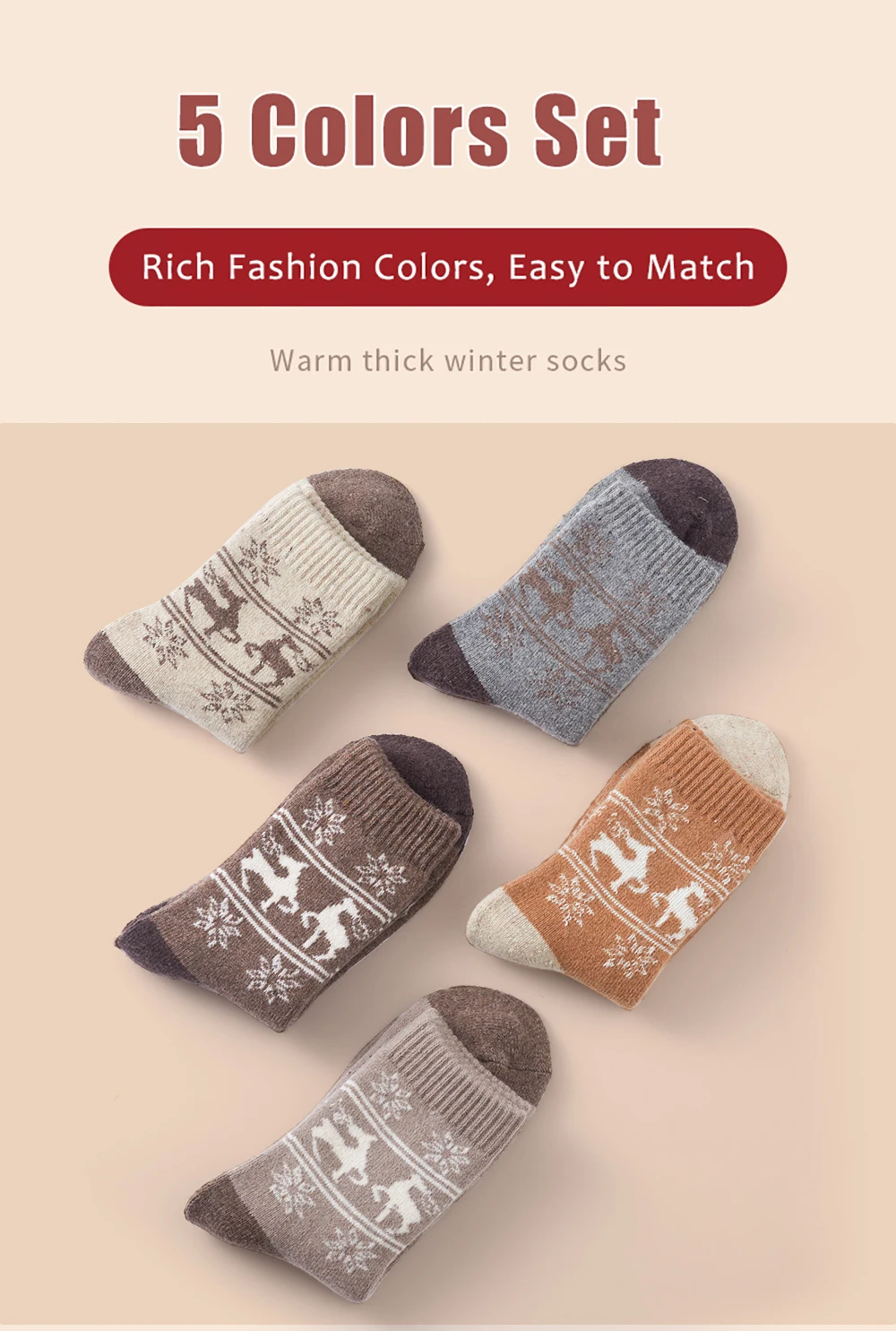 5Pairs Winter Verdicken Wolle Socken Warme Schnee Frauen Socken Gegen Kalte Mittelrohr Outdoor Sport Socken Weihnachten Elch Socken geschenk – Detail 7