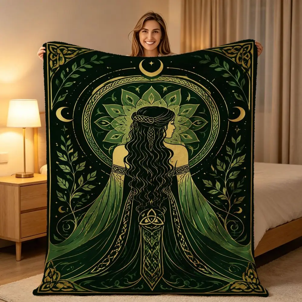 Celtic Goddess Mandala Throw Blanket, Green And Golden Knot Pattern, Soft And Warm Flannel Blanket, Suitable for Sofa And Living