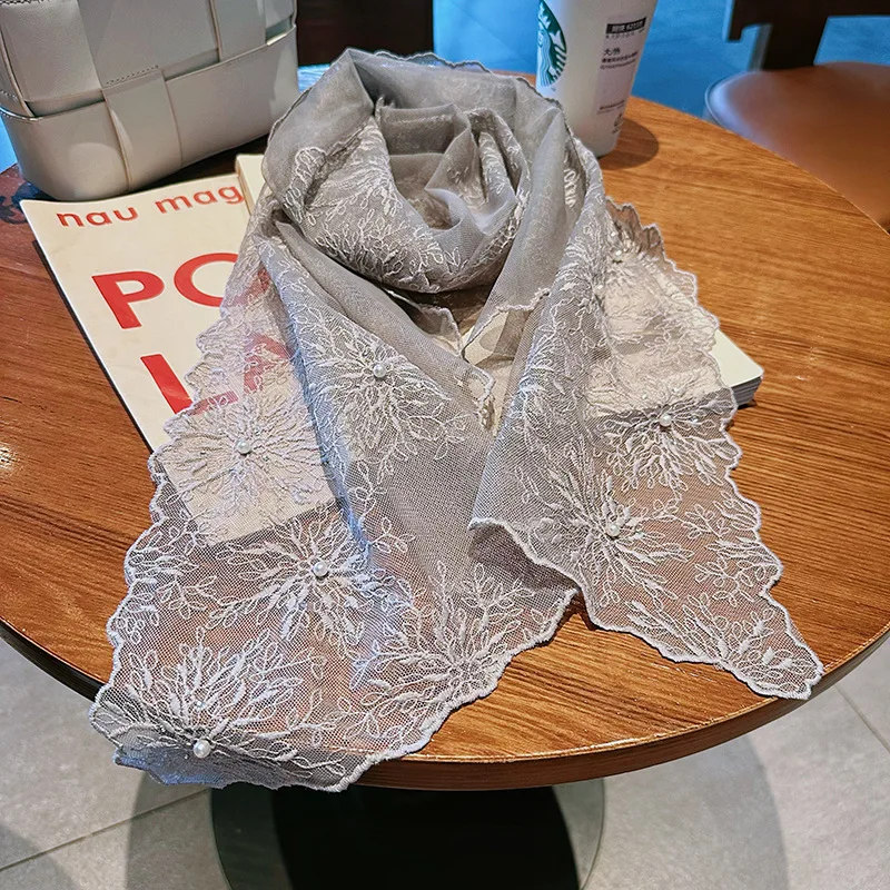 

Spring and Autumn New Korean Version Versatile Lace Scarf with Diamond Elegant Women's Silk Breathable Mesh Embroidery Long