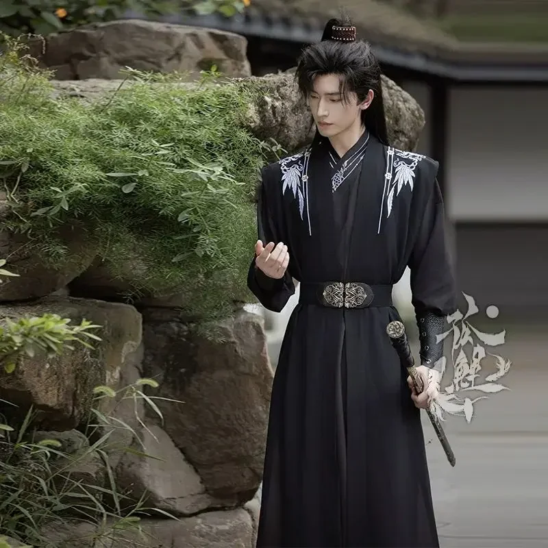 플러스 사이즈 3XL 한푸 남성 고대 중국 자수 한푸 블랙 세트, 남성 카니발 및 할로윈 코스프레 코스튬 한푸 원피스 여성