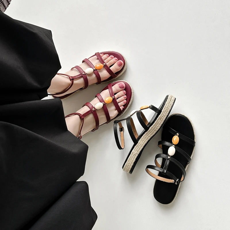 

Women's new summer genuine leather cowhide round toe grass woven thick soled low heel flat Roman sandals fashion shoes