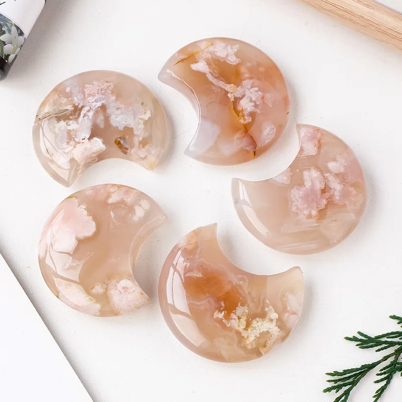 Natural Cherry Blossoms Agate Moon Play Crystal Raw Stone Polishing Geometric Carving Home Decoration Diy Pendant