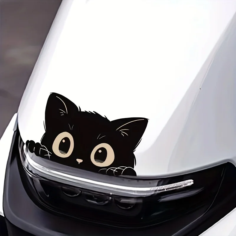 قطعة واحدة من ملصقات القطة السوداء ذات العين الواسعة، شارات فينيل مقاومة للخدش للدراجات النارية/مصدات السيارة - ملصقات ديكور جسم السيارة