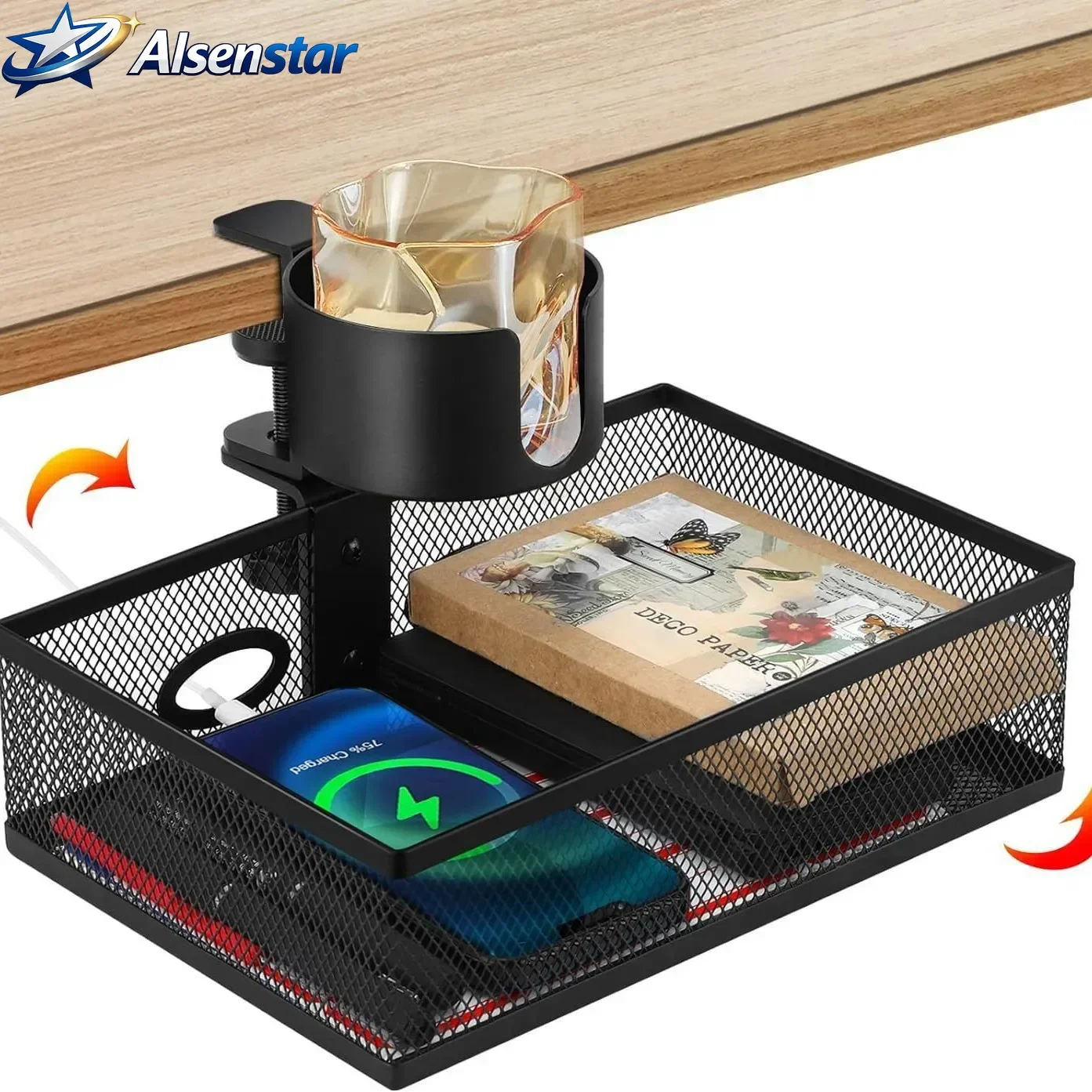 

Mesh Desktop Organizer, Rotatable with Clip on, Under Table Storage Basket, Hidden Non Perforated Storage, Blue Ribbon Cup Holde