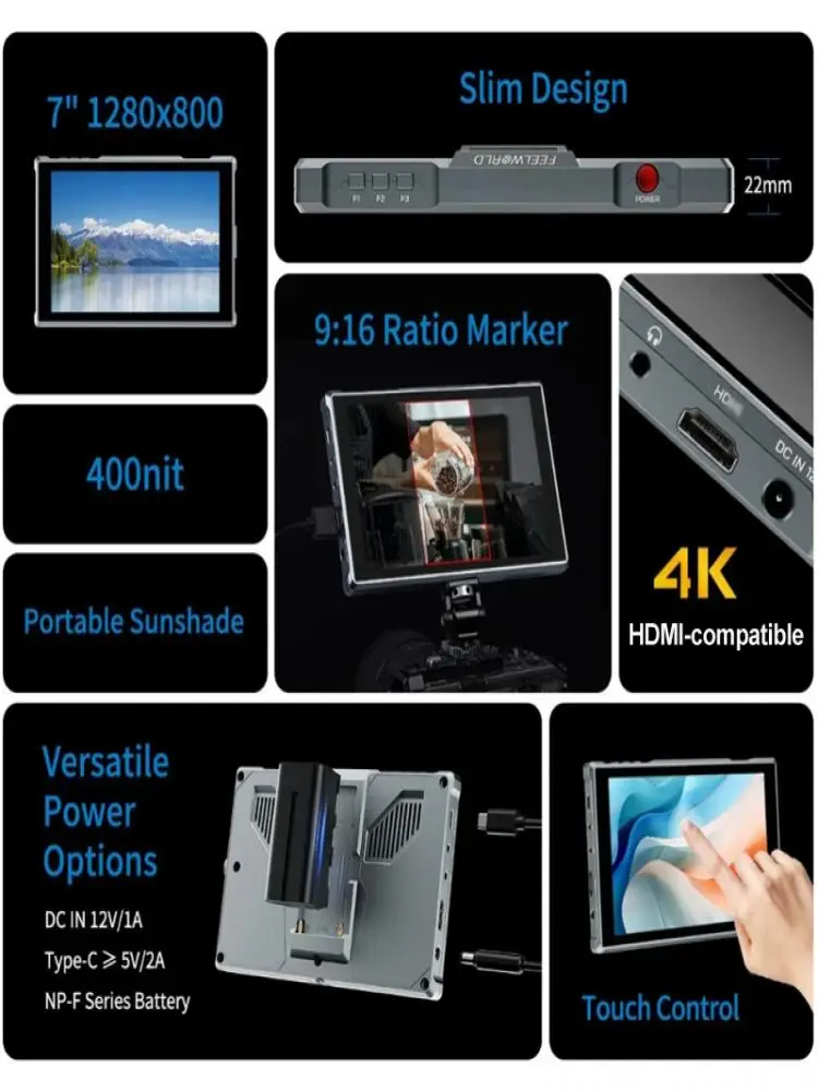 FEELWORLD FW759 PRO 7-calowy monitor wideo do kamery, 1280x800 IPS, dotykowy ekran, kompatybilny z 4K HDMI, monitor HD LCD z funkcją peaking focus. — zdjęcie produktu 7