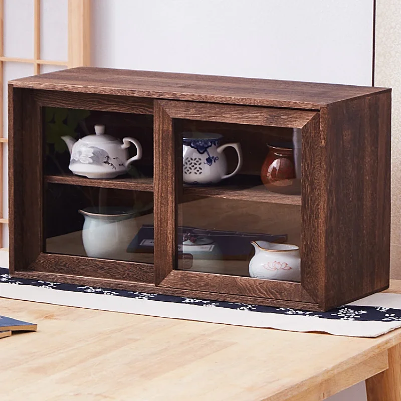 Solid Wood Tea Set Storage Box Table Top Storage Rack Storage Cabinet Sliding Door Tea Cabinet Dustproof Glass Sliding Door