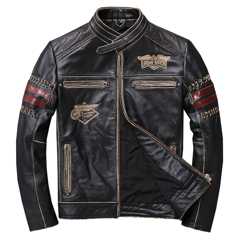 Jaket Motor Pria 2025 Jaket Kulit Sapi Asli Jaket Kulit Hitam Slim Pria Mantel Vintage Pria