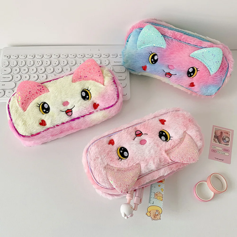 

Plush Y2K Stationery Bag Desktop Storage Cartoon Cat Korean Style Pencil Case Large Capacity Aesthetic Plush Pencil Pouch