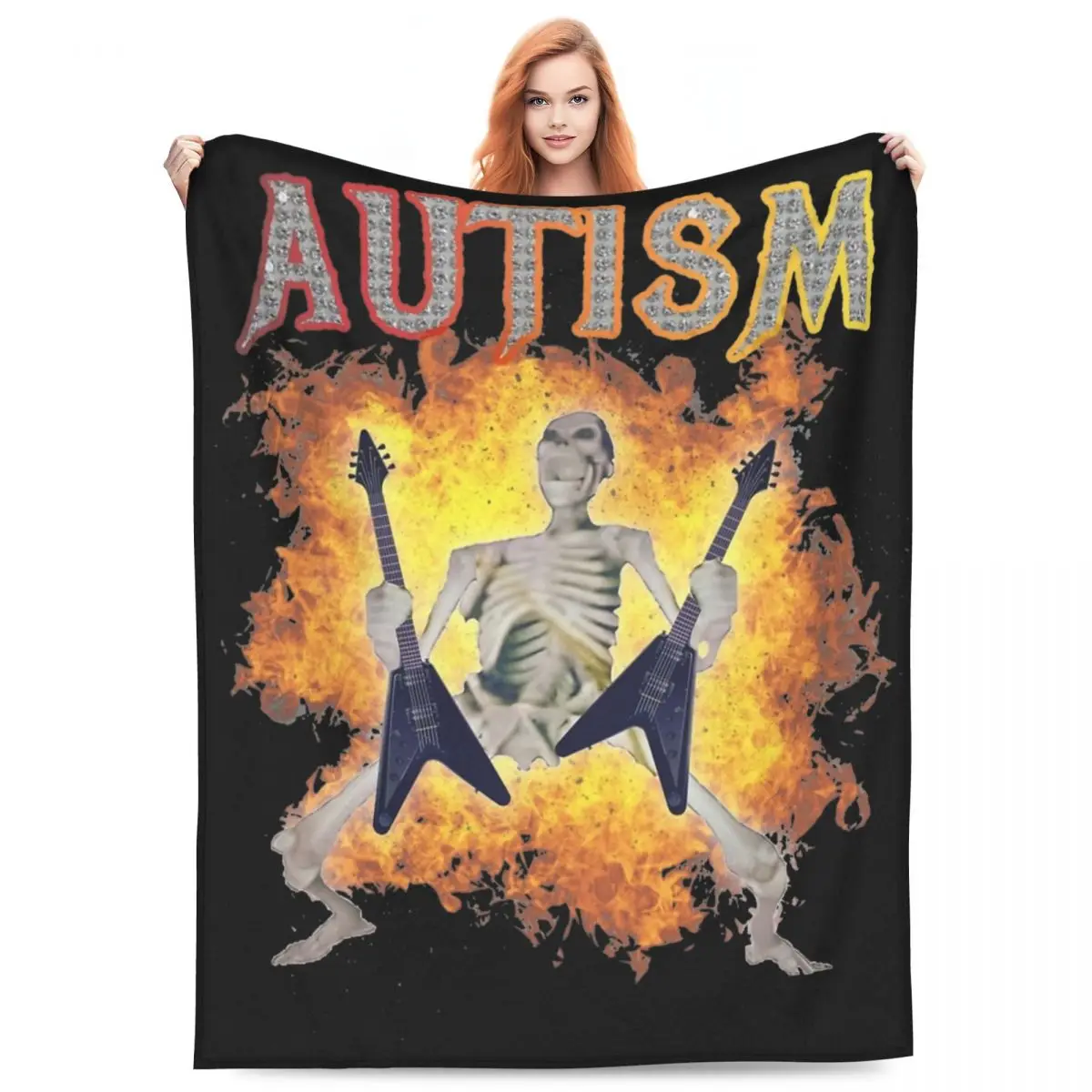 Autism Funny Skeleton Meme Blanket Velvet Textile Decor Multifunction Lightweight Throw Blanket for Bed Travel Plush Thin Quilt