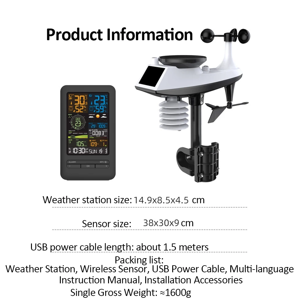 WiFi Smart Weather Station temperatura umidità data settimana Display direzione velocità del vento indice di luce a pioggia Monitor della qualità