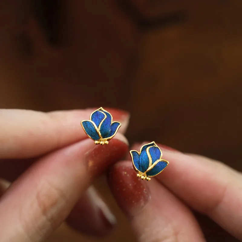 

Chinese Style Ancient Method Jade Orchid Burnt Blue Enamel Women's Classical Earrings Retro Accessories