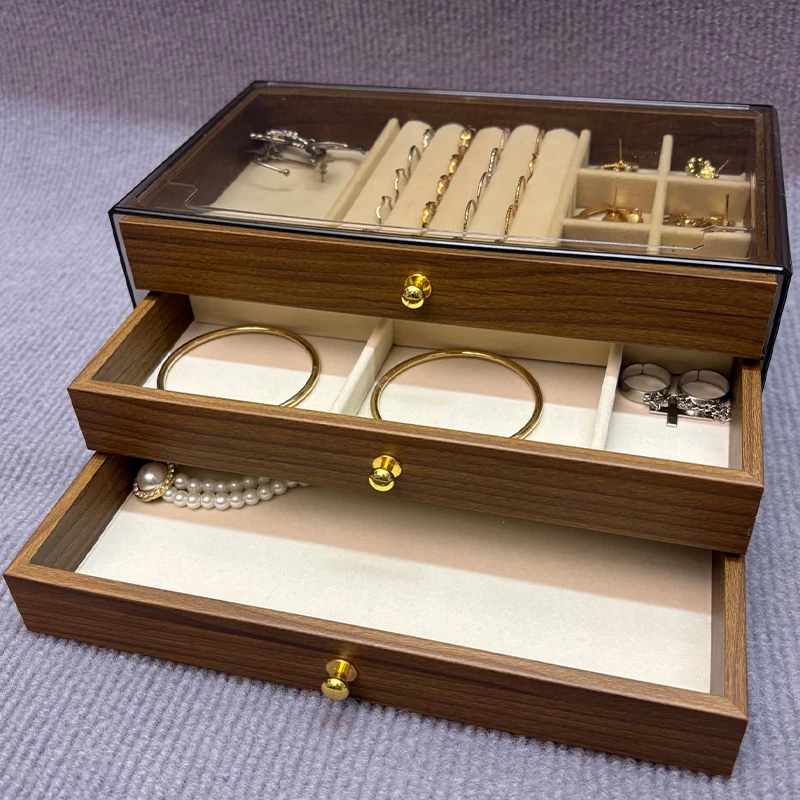 

Vintage 3-layer Drawer Style Walnut Wood Jewelry Storage Case for Ring Earring Necklace Jewelry Accessory Acrylic Organizer Box