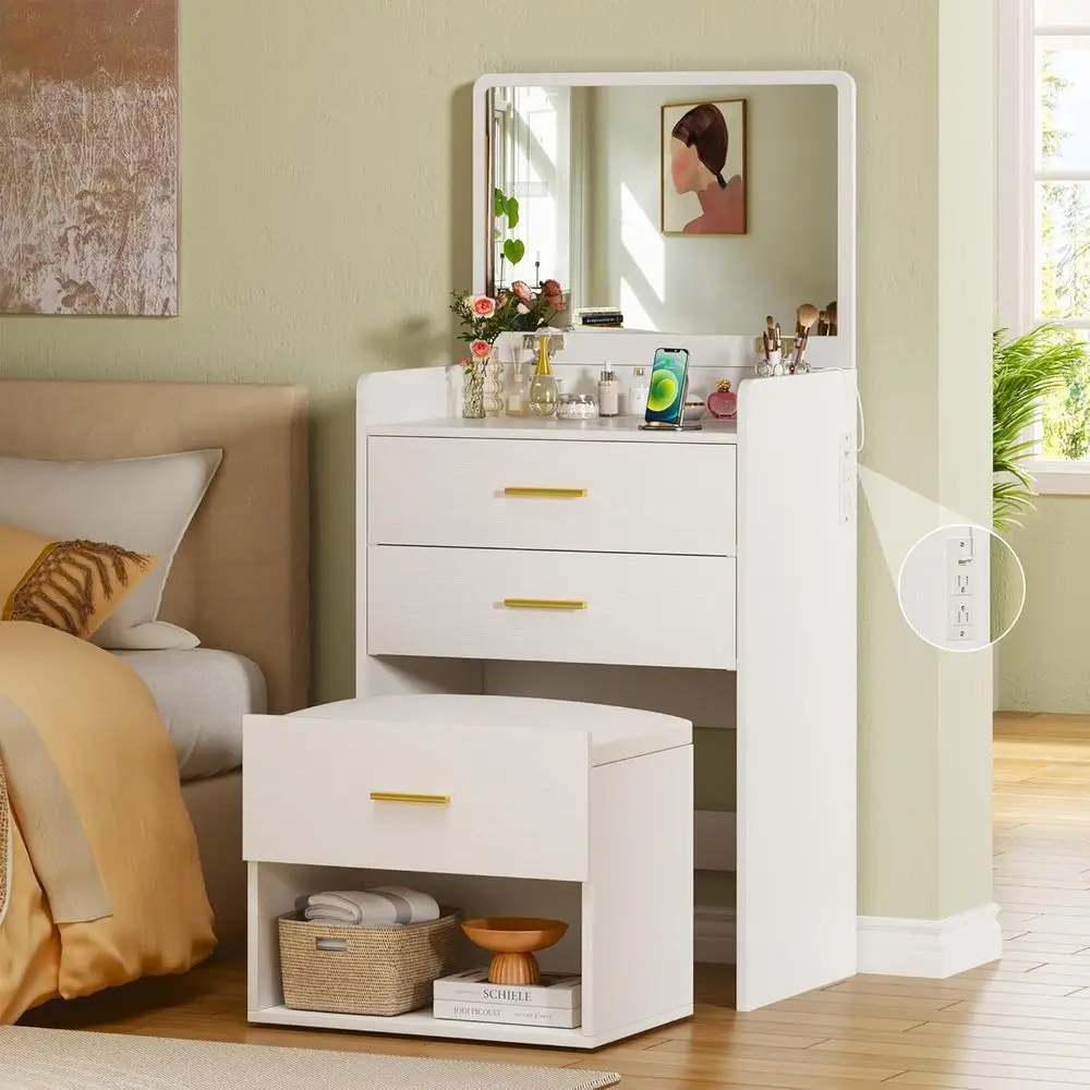 

3-in-1 Vanity Desk with Flip-Up Mirror, Compact Storage, Fabric Drawers, Cushioned Chair, and Charging Station for Girls' Bedroo