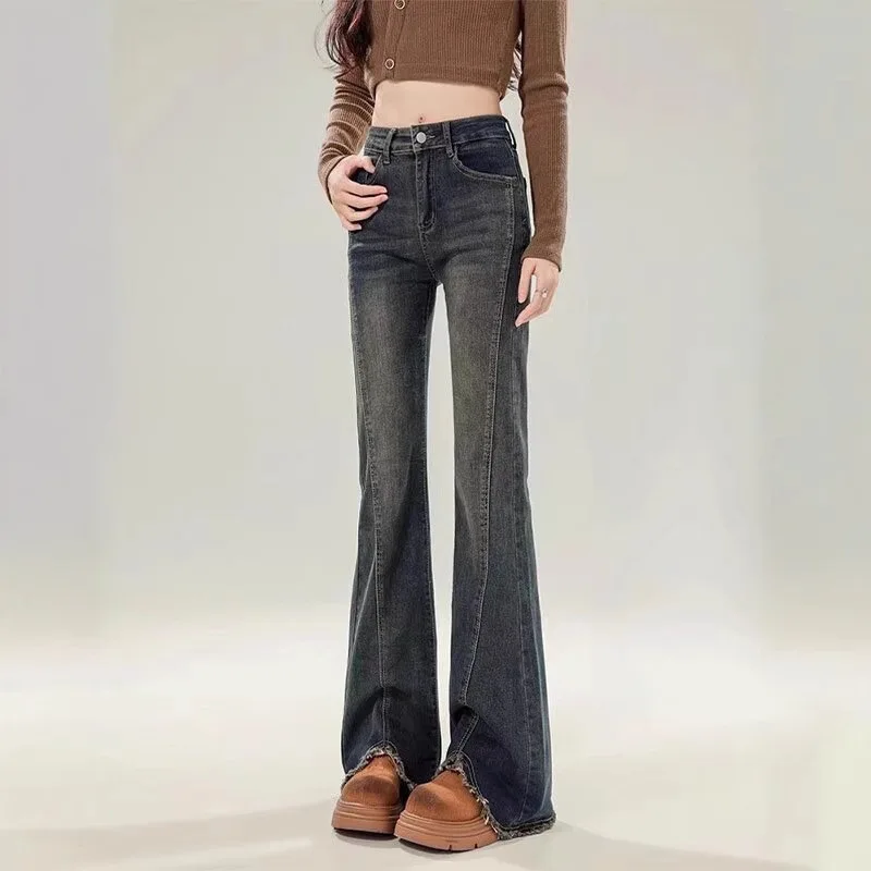

American retro micro split jeans for women in spring high waisted and slim design pants for women