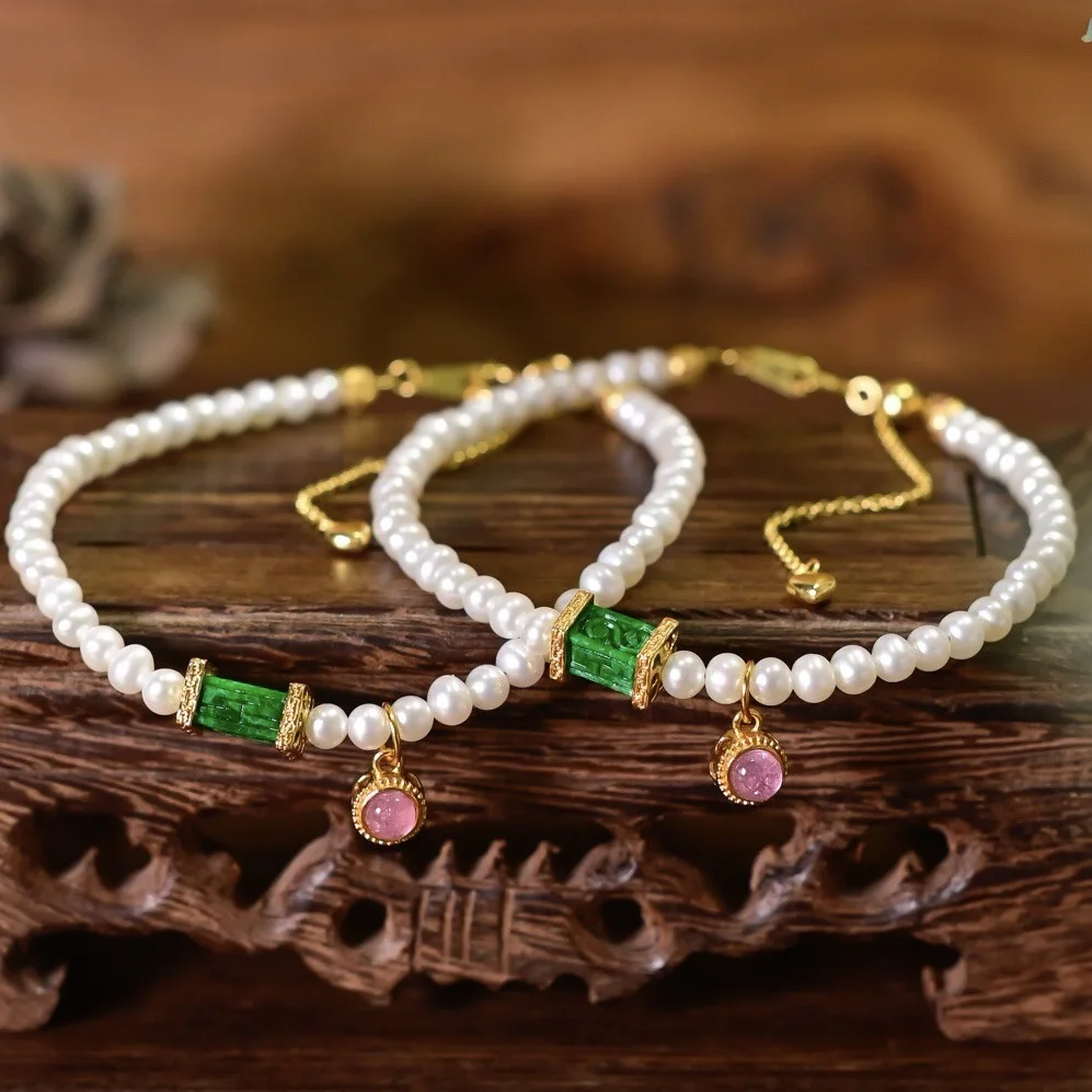 Natural Freshwater Pearl Bracelet Grade A Vivid Green Dry Green Jadeite Pink Tourmaline S925 Silver Extension Chain