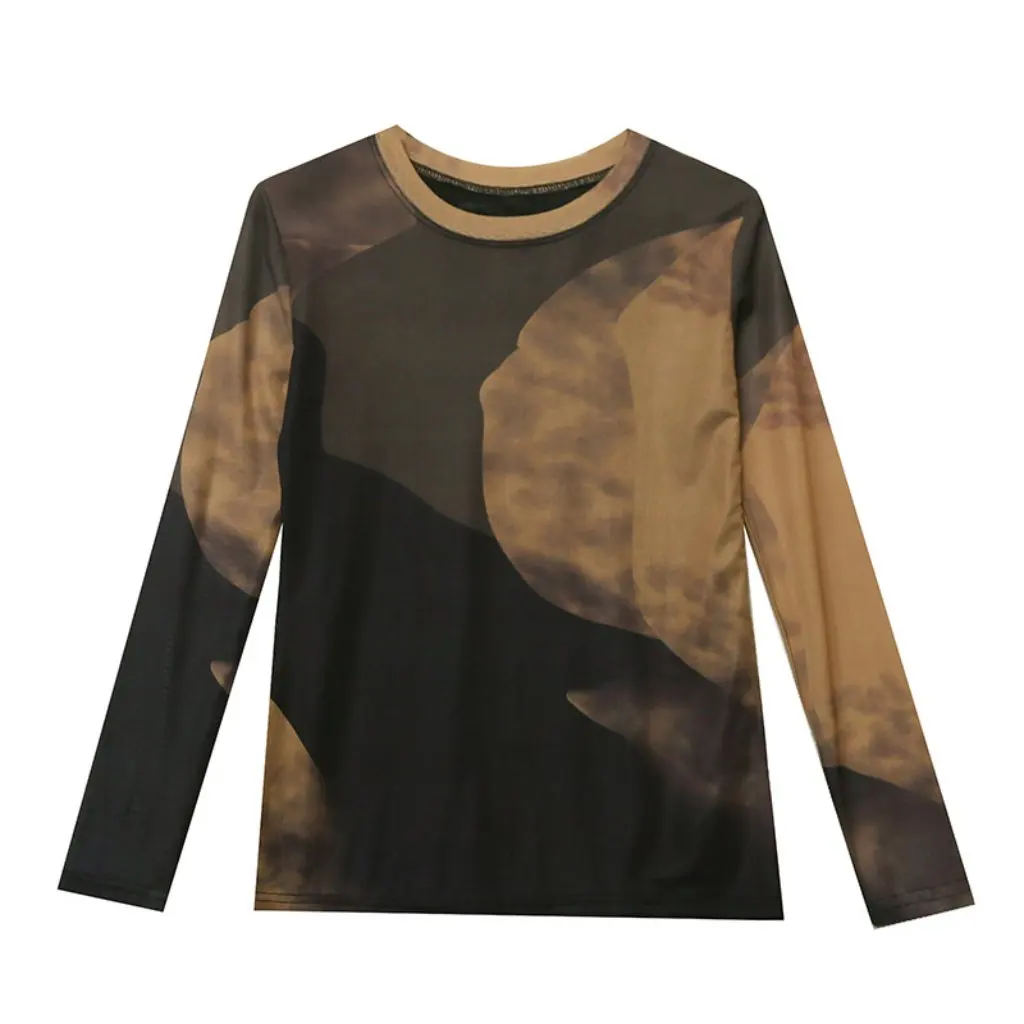 

Осенне-зимняя модная утягивающая футболка в европейском стиле с марлевым принтом и длинным рукавом с круглым вырезом для женщин