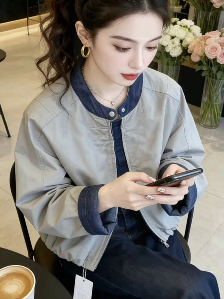 Women's Korean Style Denim Patchwork Baseball Jacket Loose Stand Collar Slim Fit Casual Spring Outerwear