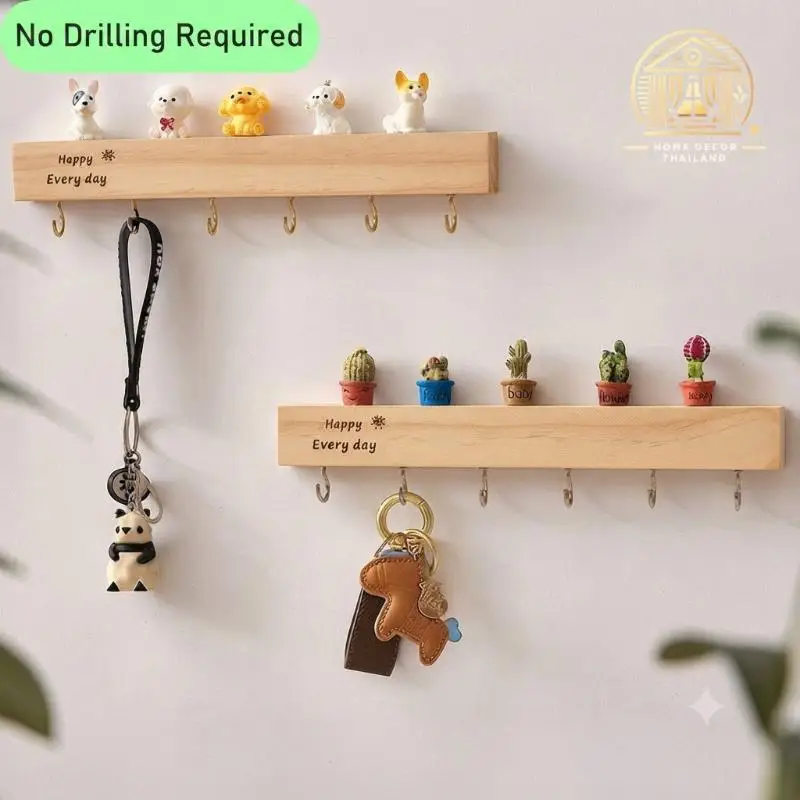 Natural Wooden Wall Mounted Key Holder 6 Sturdy Hooks Top Display Shelf For Entryway Bedroom Home Decor