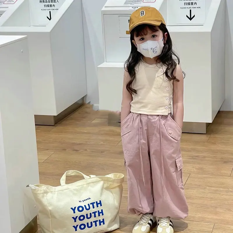 Girls' Set Asymmetrical Button Elastic Vest with Oversized Pants25Summer New Foreign Trade Children's Wear Delivery3-8Years Old