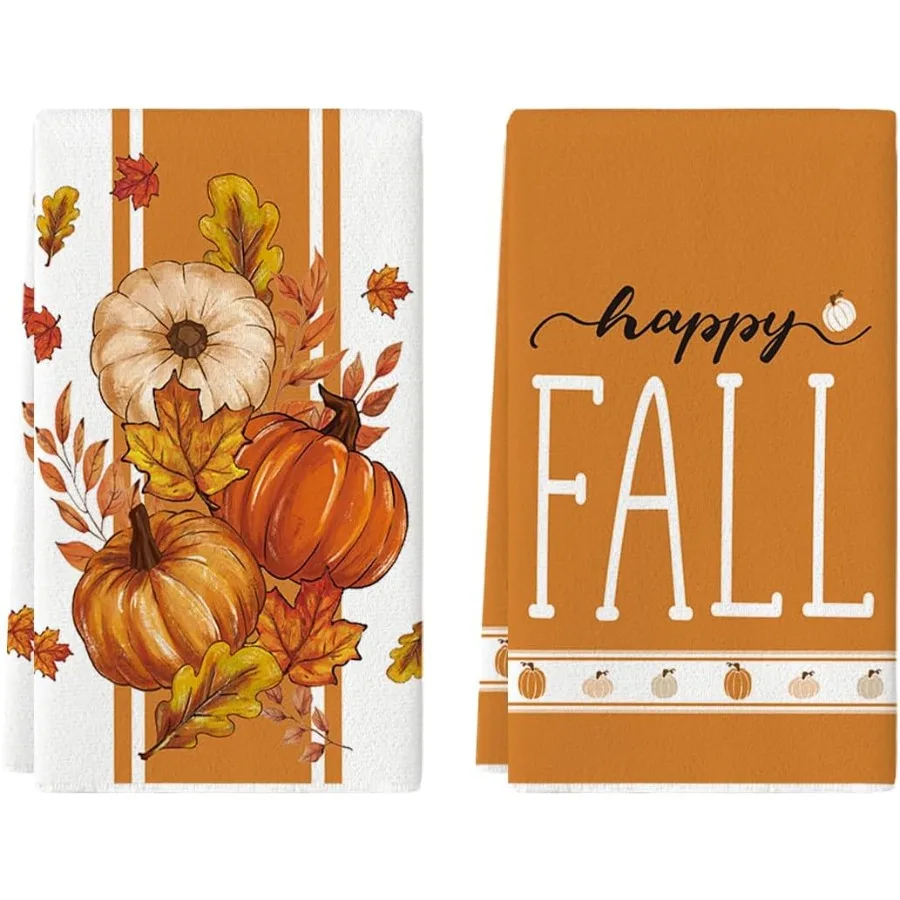 

Stripes Pumpkin Happy Fall Kitchen Towels Dish Towels 18x26 Ih Farmhouse Maple Leaves Decoration Hand Towels Set of 2