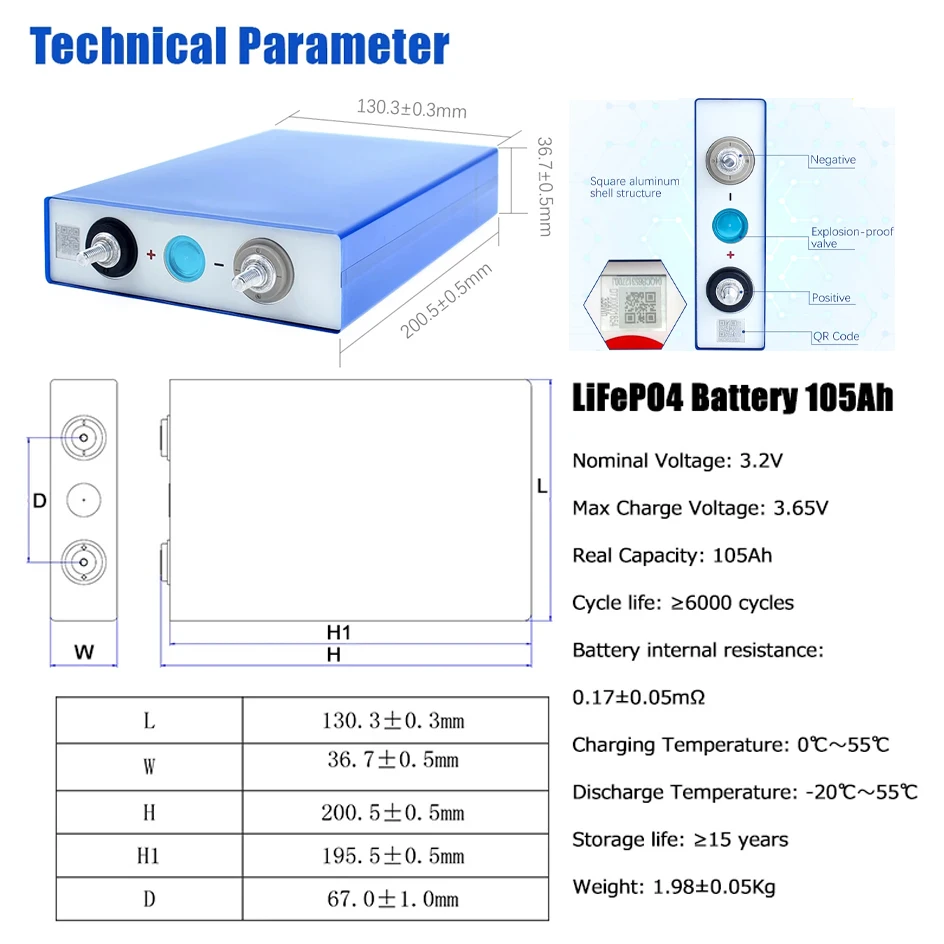 Estoque da ue 3.2v 105ah lifepo4 bateria eve célula recarregável qr 0.35Ω barra de ônibus livre para diy 12v 24v 48v bateria de lítio livre de impostos