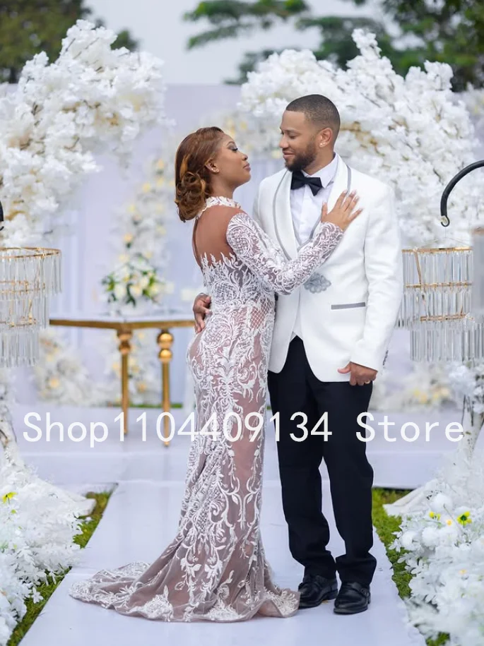 ヌードホワイトマーメイドアフリカビーチウェディングドレス長袖アップリケシアーネックレースアップガーデンブライダルドレスカスタムサイズ衣装