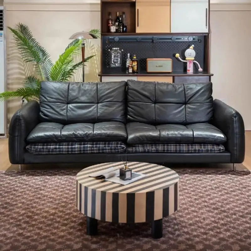 #Mid Century Style Genuine Leather Straight  Sofa Straight   Living Room Double Sided Convertible Burger Sofa for  Living Room
