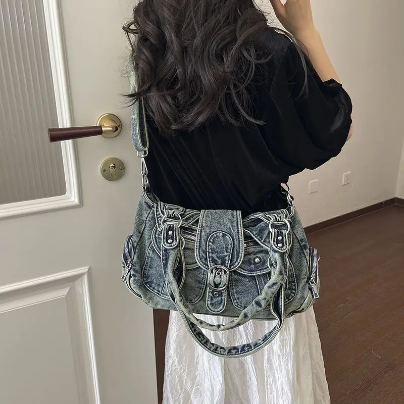 Vintage Washed Denim Crossbody Bag Women Multi Pocket Zipper Large Capacity Shoulder Bag Ladies Fashion Casual Commuter Tote Bag