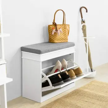 Image Haotian FSR82-K-W, White Hallway Shoe Bench, Shoe Rack, Shoe Cabinet with Flip-Drawer and Seat Cushion