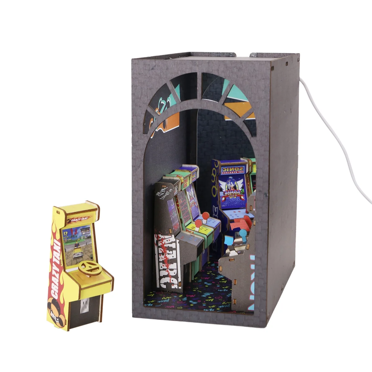 'S Arcade Themed Booknook, 3D Wooden Puzzle Booknook, DIY Book Nook Kit, LED Wooden Puzzle Bookend Bookshelf Insert