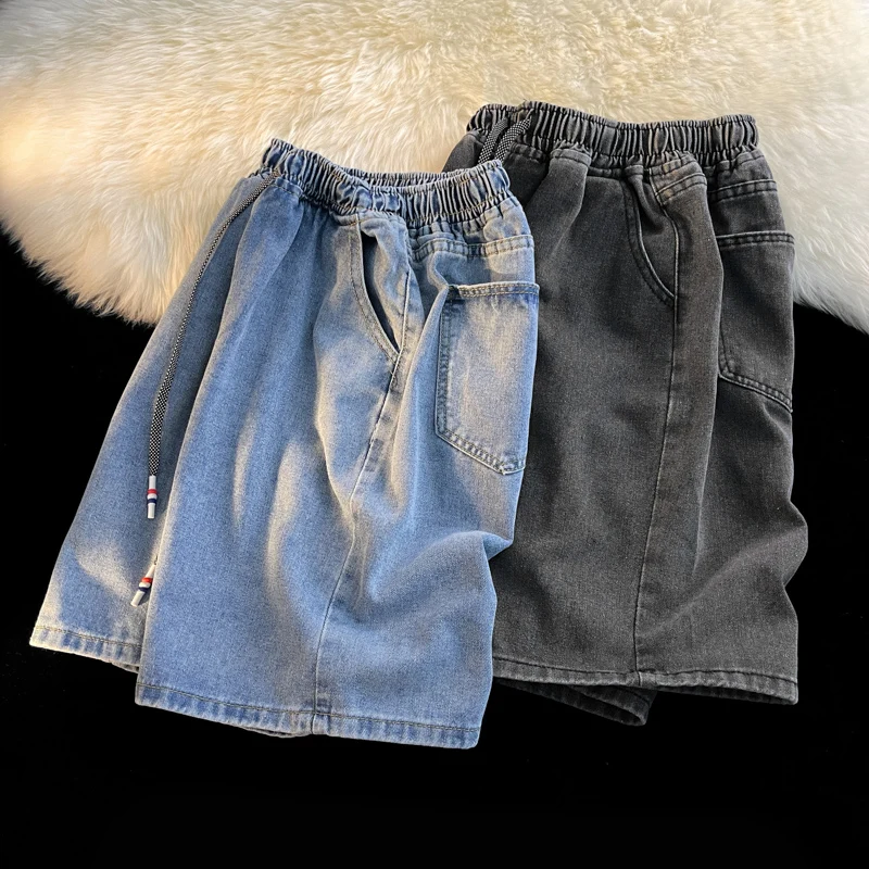 Celana Pendek Denim Biru Musim Panas Pria Celana Longgar Kasual Saku Solid High Street Amerika Baru Celana Panjang Serut Serbaguna Mode