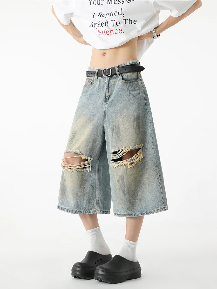 

Летние джинсы-шорты 7/8 длины с эффектом грязевого окрашивания, прямые, свободного кроя, повседневные, молодежные, со средней посадкой, прямые брюки-трубы для мужчин