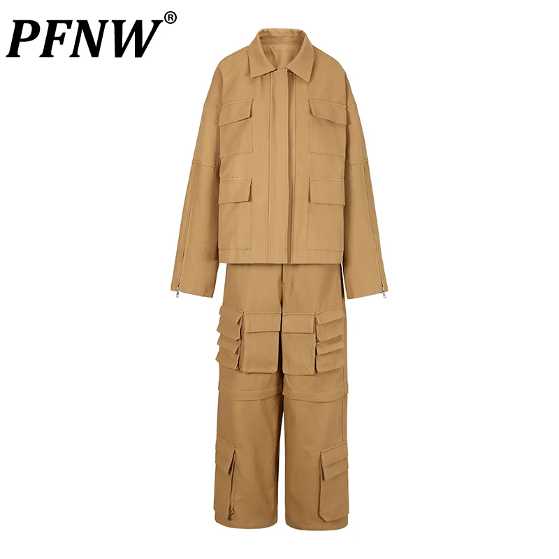 

PFNW Multi Pockets Men's Sets Solid Color Spliced Cargo Jackets Detachable Pants Niche Deisgn Stlyish Male Trousers Autumn New