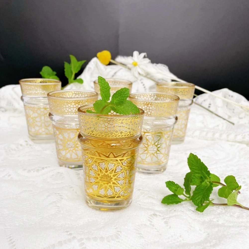 6-Piece/Set, Moroccan Glass Cup, Light Luxury Gold Stamping Glass Beer-Glass, Middle Eastern Style Tea Cup, Drinkware Gift Set
