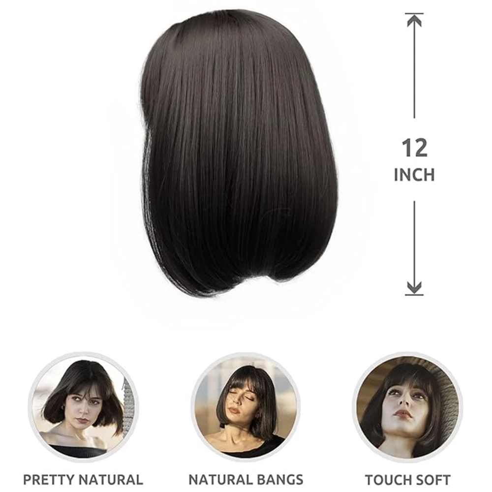 Peruca Bob Direto Curto com Bangs, Perucas Glueless, 100% Cabelo Humano, Preto Natural