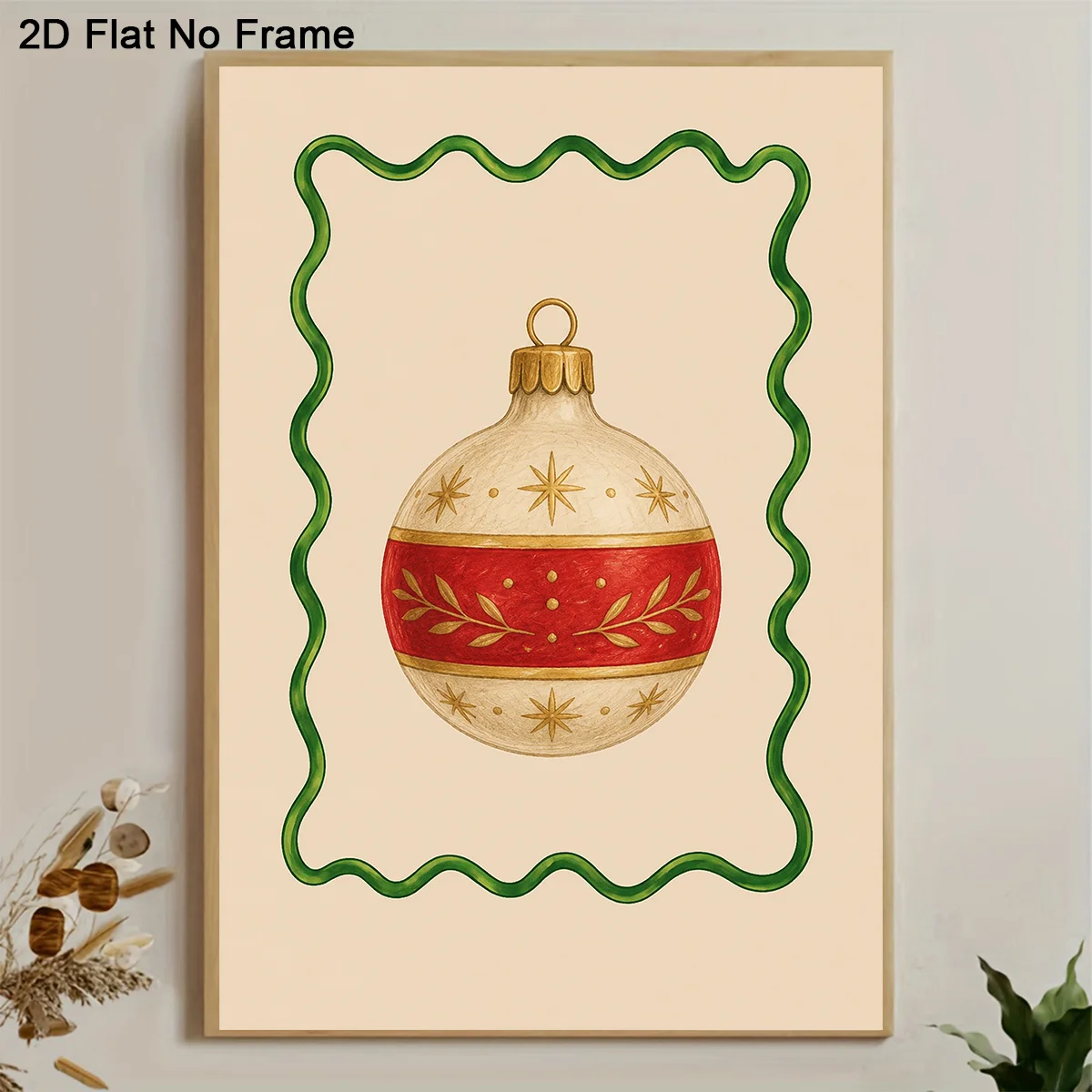 2027,2D Flat, 2D Flat, Frameless Canvas Poster, Elegant Christmas Ball Ornament with Golden Stars And Red Ribbon, Wall Art Ca