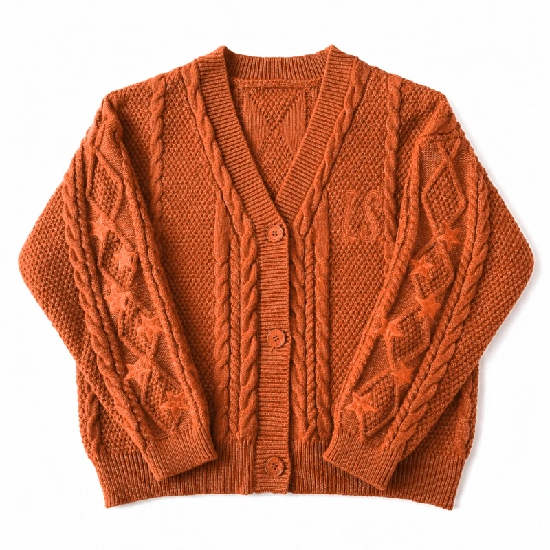 Glittery Orange Cardigan Women Gold Thread Showgirl Knit Sweater with Star Embroidery Fall Fashion Daily Knitted Cardigan Coat