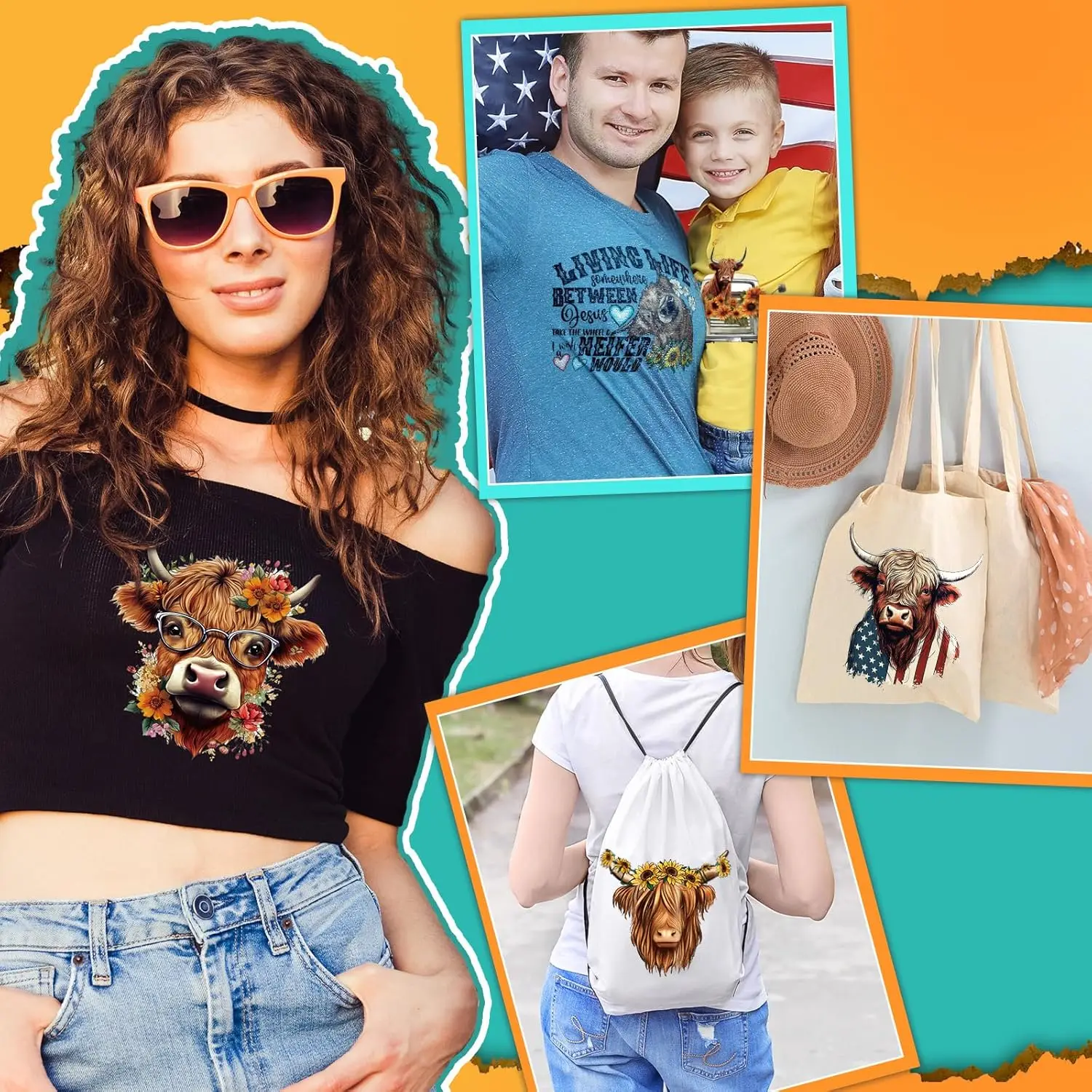 30Pcs Cloud Highland Cow Heat Transfer Patches - DTF Vinyl Heat Press Cow Shaped, Colorful DIY Fabric Decals for Clothing, Jeans, Hats, Bags, Pillows - No Sewing Required, Perfect for Crafts