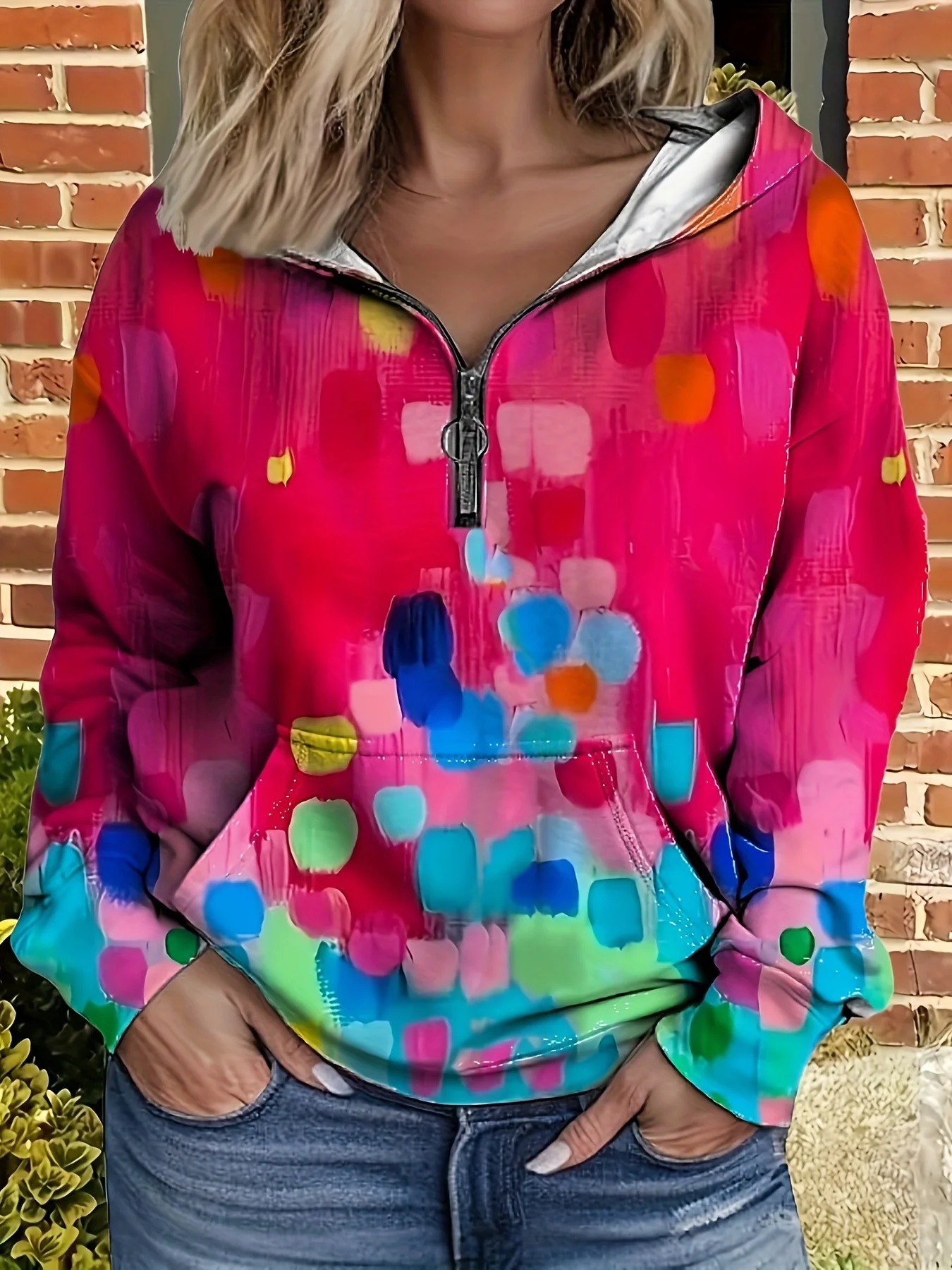 

European and American autumn and winter new fashion solid color gradient thin pocket zipper plus-size women's hooded sweatshirt